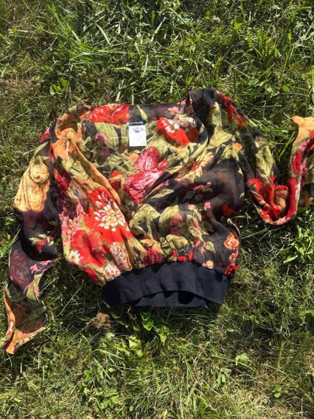 Sheer Floral V-Neck Blouse with Elastic Waistband